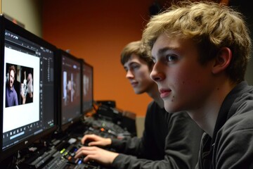 Teenagers Collaborate On Video Editing Project
