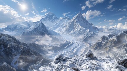 A breathtaking snowy mountain landscape under a bright sky, showcasing majestic peaks and a winding glacier.