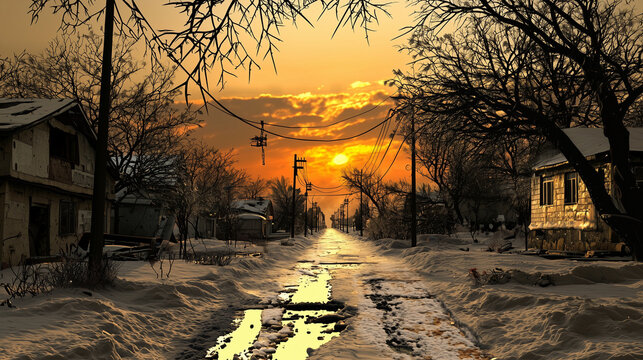 A desolate snow-covered street with abandoned houses, power lines, and a dramatic sunset sky