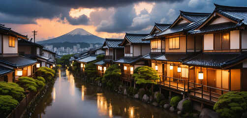 Obraz premium lofi cozy japanese tokyo town street in the evening landscape with anime artstyle.