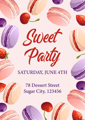 Template with macaroon cookies and berries for baking party, birthday invitation, flyer, sweet food banner. Space for text. Vector illustration.