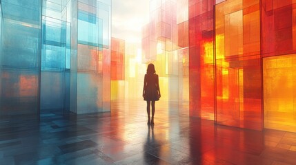 Fototapeta premium A Contemplative Silhouette Amidst Abstract Glass Structures Bathed in Warm Light, Symbolizing Themes of Solitude, Reflection, and Artistry in Modern Design