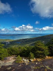 Fototapeta premium Blue and green landscape as seen from a trail on the coast of Maine (Acadia National Park, Maine, USA)