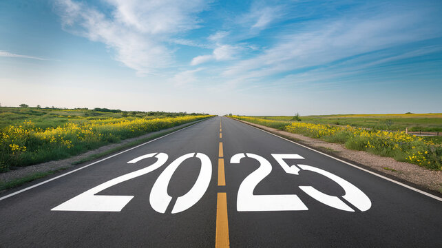 2025 Year Number on a Long Road Leading into the Horizon, Symbolizing Future Journey, New Beginnings, Path to Success, Road to Progress, Concept of Time and Opportunity, Open Road Perspective