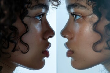 Young woman looking at her reflection in mirror on white background