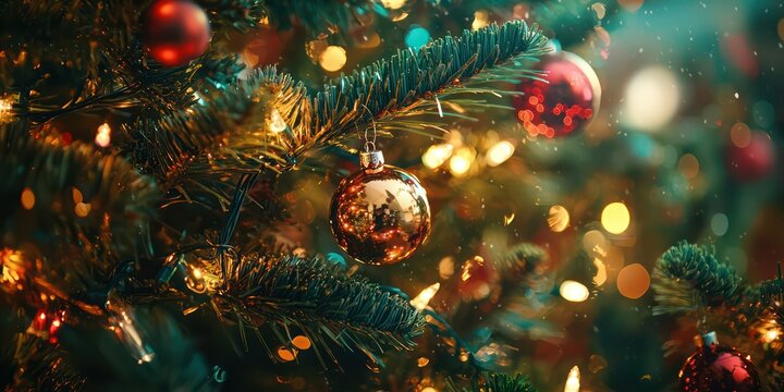 A close-up of a beautifully decorated Christmas tree with glowing lights, ornaments, and tinsel, creating a classic holiday background. 