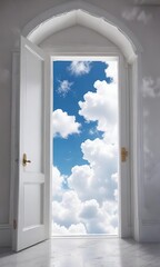 Doorway in a sky filled with puffy white clouds , soft and fluffy, peaceful ambiance, airy perspective