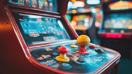 Vintage arcade machine in a game room, vibrant colors