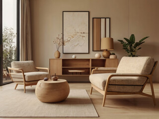 Minimalist, japandi style interior design of modern living room. Boucle sofa and accent armchair against beige wall with frame.