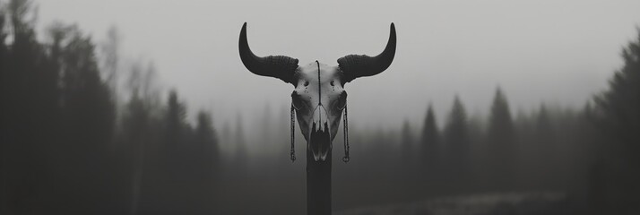 Elk or deer skull with horns hanging on a pole. Sacred pagan totem. Psychedelic scary ethnic element or hunting trophy. Winter solstice holiday. Yule, Imbolc, Samhain. Black and white vintage style