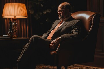 Elderly Man Sits Pensively In Leather Chair Near Lamp