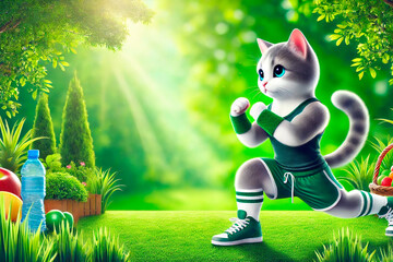 Fitness cat on green background. Generative AI