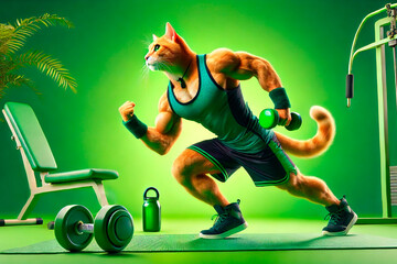 Fitness cat on green background. Generative AI