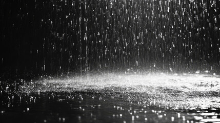 Dramatic rainfall captured in black and white with water droplets splashing on a wet surface
