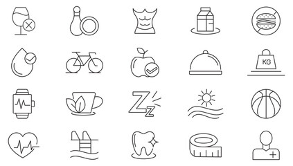 Lifestyle line icon set. Exercise, sleep, running, routine, gym, nutrition, cardio exercises, sports supplements, yoga, self-care, health, diet line icon set.