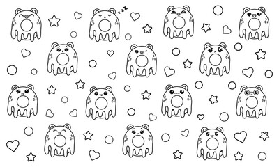 A large set of coloring pages with kawaii donuts with bear ears and a funny face. Various Kawaii emotions.Vector illustration isolated on white background.
