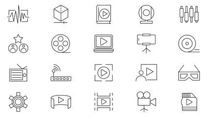 Multimedia Production line icon set. Multimedia, sound, audio, video, photo, video, music, audiovisual equipment, camera, play, pause line icon set. UI thin line icon pack.