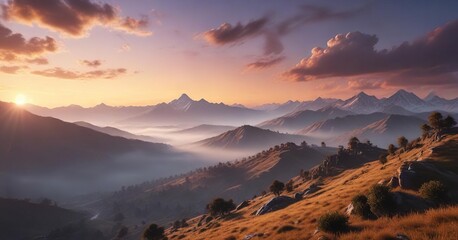 Obraz premium The serenity of the Himalayas at sunset with rolling hills and misty clouds in the background , peaceful ambiance, serenity
