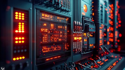 Brightly lit control panel with interconnected wires and high-tech panels for seamless electrical distribution and network connectivity. 