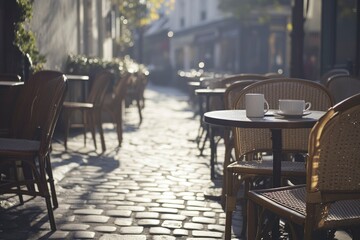 Two Coffee Cups On A Table At An Outdoor Cafe