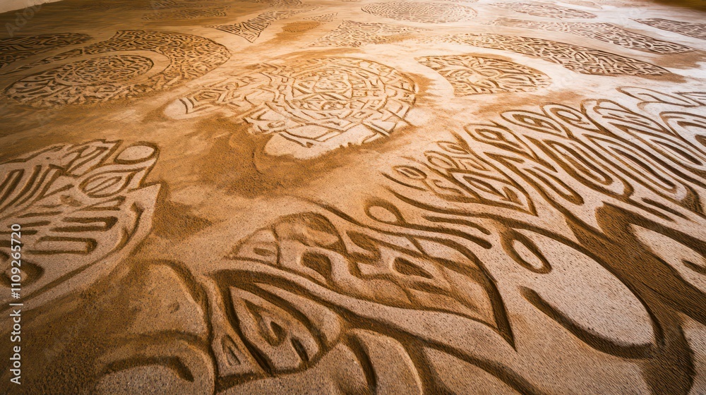 Poster intricate sand carvings forming abstract patterns and designs on a sandy surface.