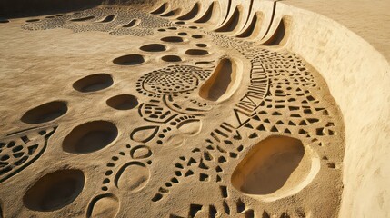 Obraz premium Intricate sand carvings adorn a curved desert landscape, showcasing various geometric patterns and hole shapes under sunlight.