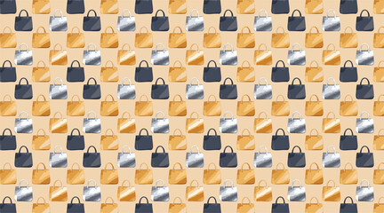 Stylish Gold, Silver, and Black Tote Bag Repeat Pattern Illustration. AI Generated