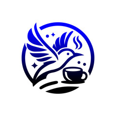 a blue and white logo with a bird and a blue circle with a bird on it.