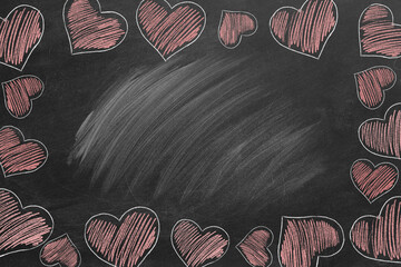 Heart border for Valentines day. February 14th day. Hand drawn illustration on the blackboard.