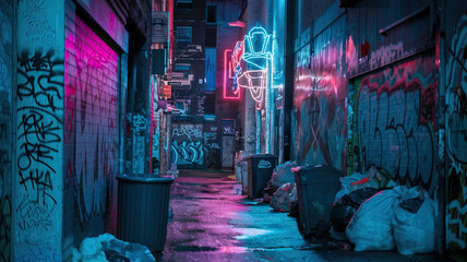 Fototapeta premium Alley with Neon Lights, Garbage, and Graffiti at Night, Urban Street Scene, Dark and Moody Atmosphere, Street Art, City Backstreet, Neon Glow, Abandoned Urban Environment, Graffiti Artwork