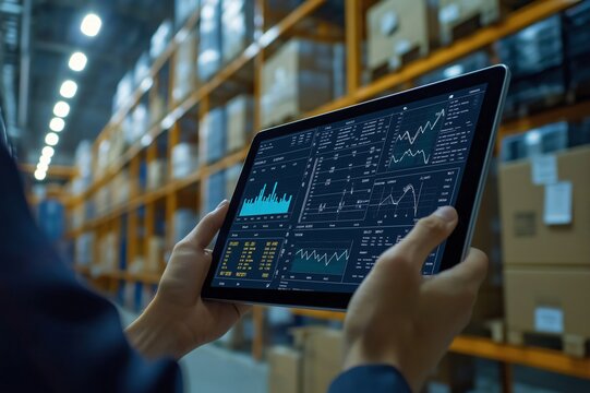 Manager is using digital tablet with inventory management software to check stock and optimize supply chain in warehouse