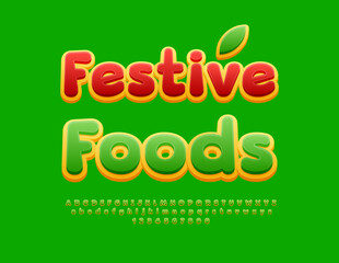 Vector eco template Festive Food. Cute Greens and Yellow Font. Decorative Alphabet Letters and Numbers set