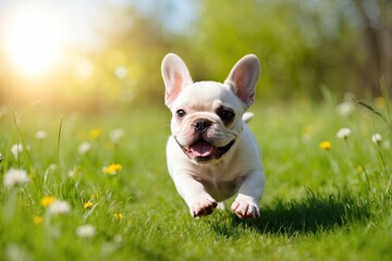 Fototapeta premium Playful French bulldog enjoying a sunny day in the meadow with flowers