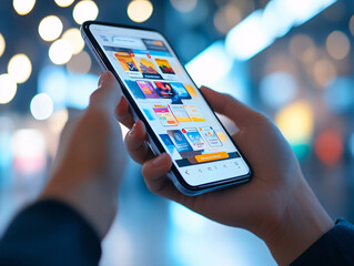 Digital marketing and online advertising to targeted customers. Shooting ads on cross feeds to optimize customer engagement. Person using mobile smartphone with virtual screen of ADs on website