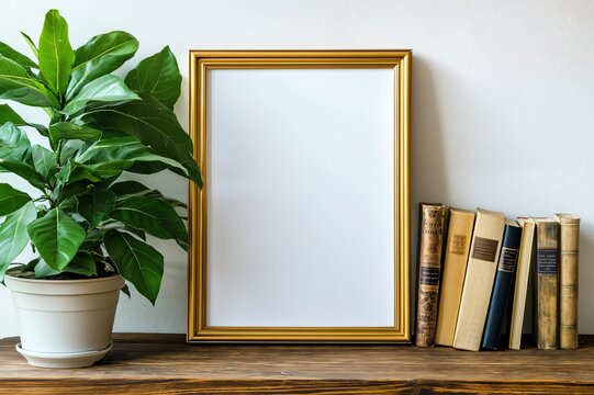 Golden frame mockup leaning against white wall with fiddle leaf fig plant and vintage books on wooden shelf