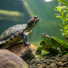 domestic red eared turtle in the aquarium pond