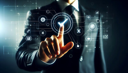 Fototapeta premium Businessman touching on rocket launch with arrow, investment growth planning and starting corporate business start up aiming objective value development leadership and customer target group