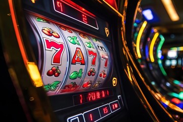 Close-up of vibrant slot machine with sevens and fruits