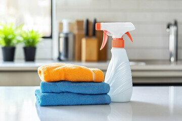 Colorful microfiber cloths and cleaning spray bottle standing on white tabletop in blurry kitchen interior