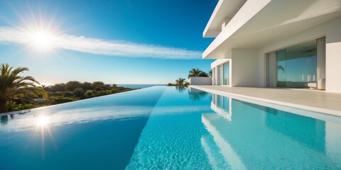 Fototapeta premium Luxurious modern villa with infinity pool overlooking the ocean in bright daylight