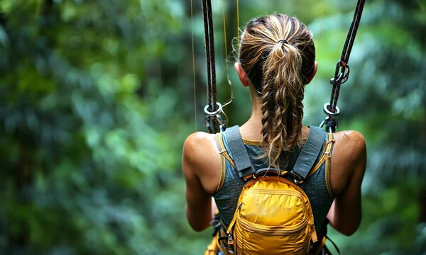 A person zip-lining through a lush green forest.