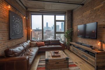 Urban living room with dark leather sofa and city skyline view during winter