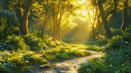 Obraz premium Sunlit forest path with stream.