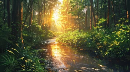 Obraz premium Sunlit stream flows through lush green rainforest.