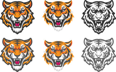 Set of icons of an angry roaring tiger head. Print and patch of a valiant tiger.
