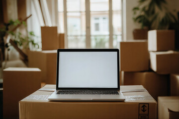 Laptop on Cardboard Box in E-Commerce Storage Room – Blank Screen for Logistics Application