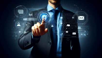 New email notification interaction concept. A person interacting with a floating digital interface showing a new email notification symbol