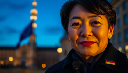 A confident woman smiles with German and EU flags behind her at a public event.