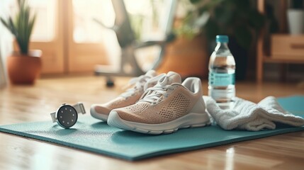 Home fitness shoes, water, mat, watch.