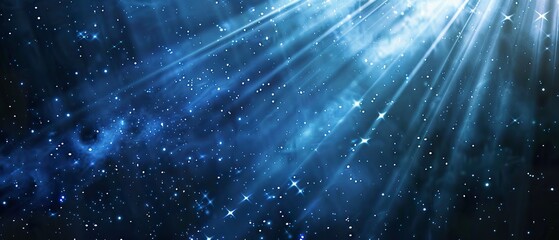 Celestial Glow: Digital Art of Starry Sky with Blue Lights and White Beams